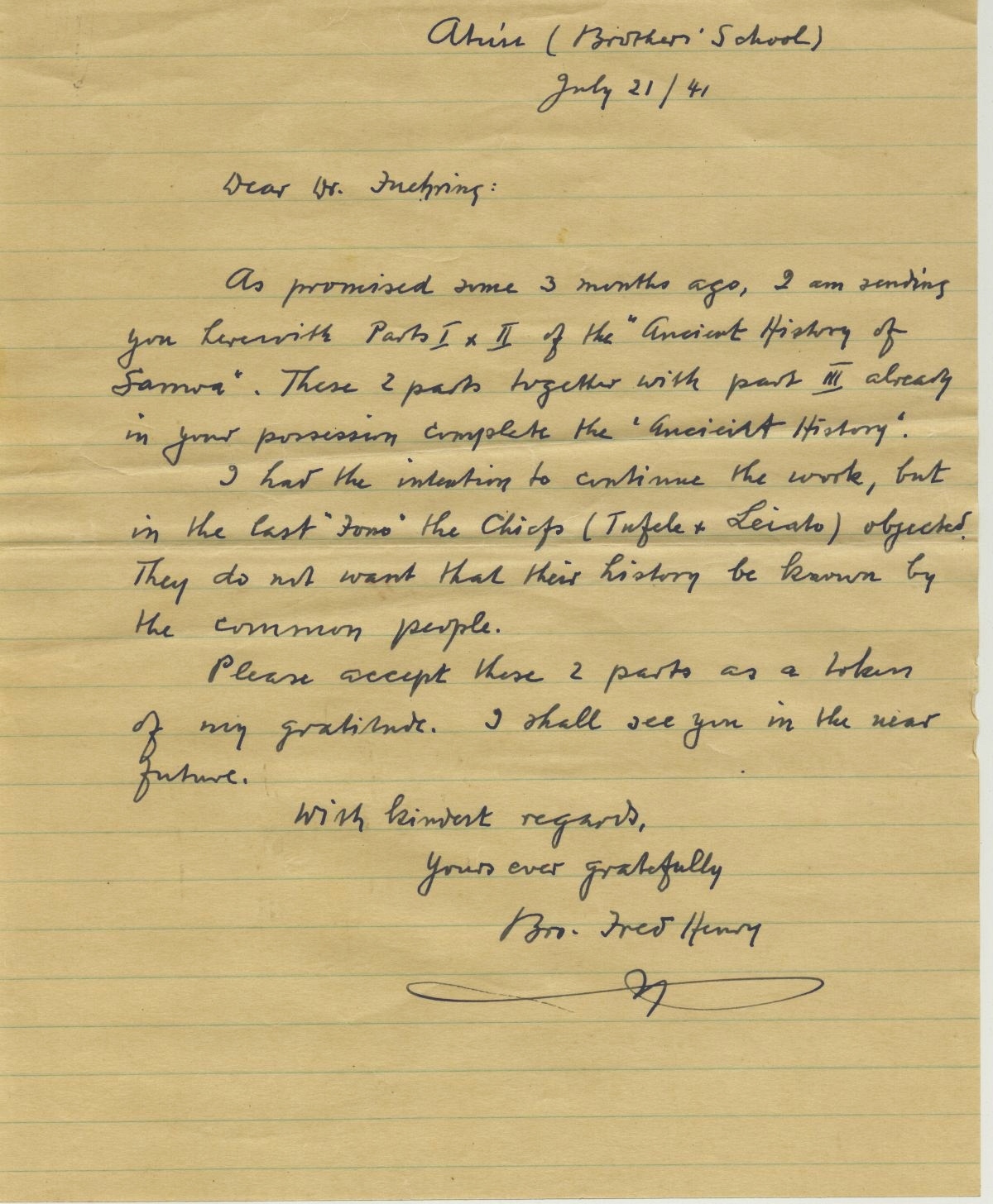 Brother Henry's letter to Dr. Fuhring